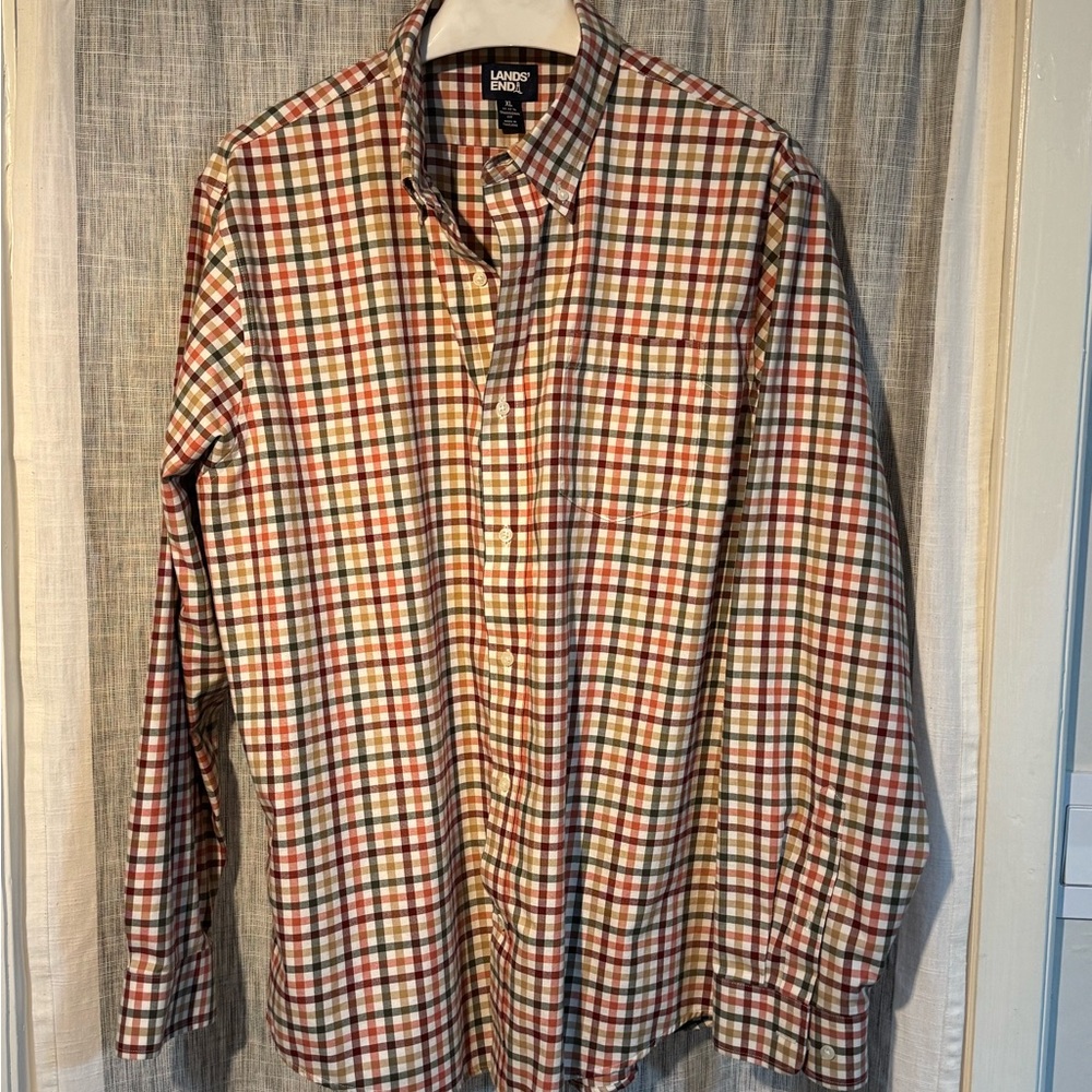 XL, No iron, Lands' End Men's Multicolor Plaid Shirt
